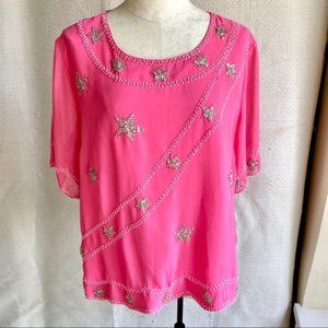 Vintage 90s OS Stars Sequin Print Pink Blouse